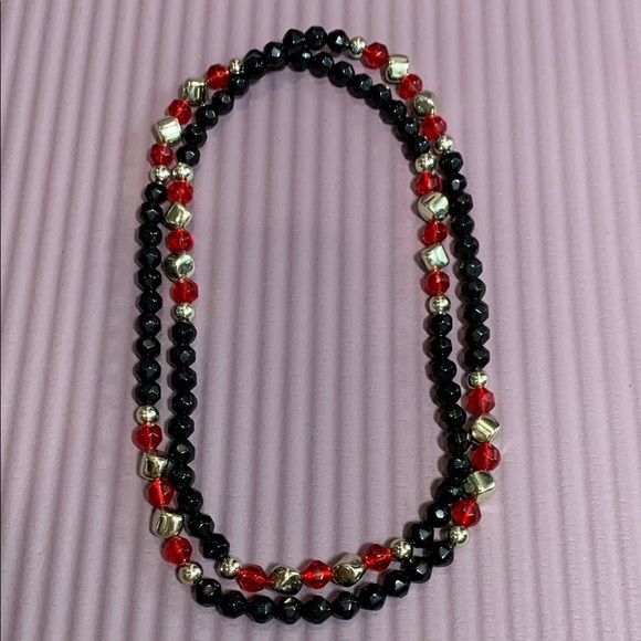 {Vintage} Black & Red Beaded Necklace with Silver Accents - Picture 1 of 1